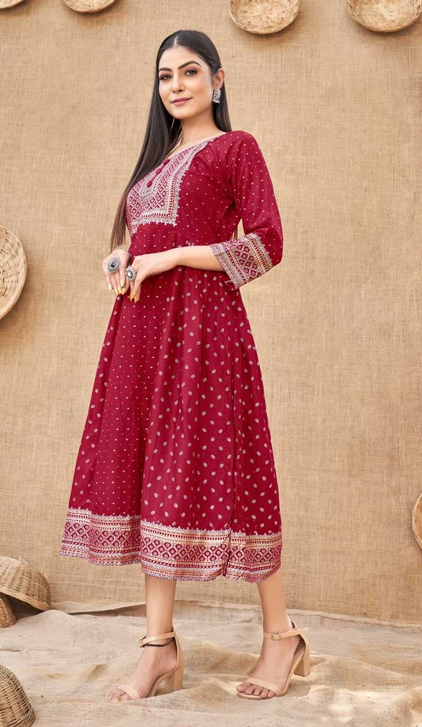 Classy Maroon Color Heavy Rayon Party Wear Readymade Plus Size Kurtis -3918150499