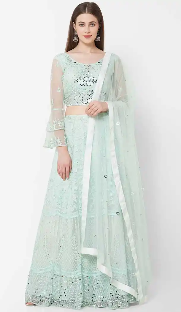 Turquoise Blue Color Net Diwali Festive Function Wear Women Lehenga Choli -3871150248