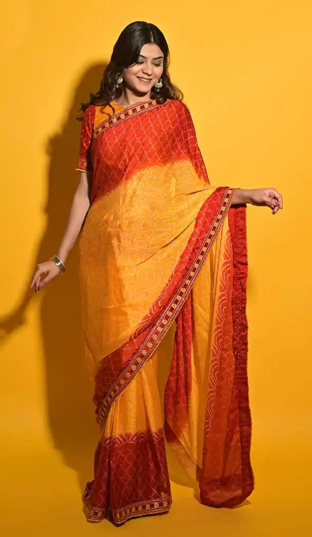 Mustard Yellow Color Moss Chiffon Casual Wear Bandhani Saree -3936150576