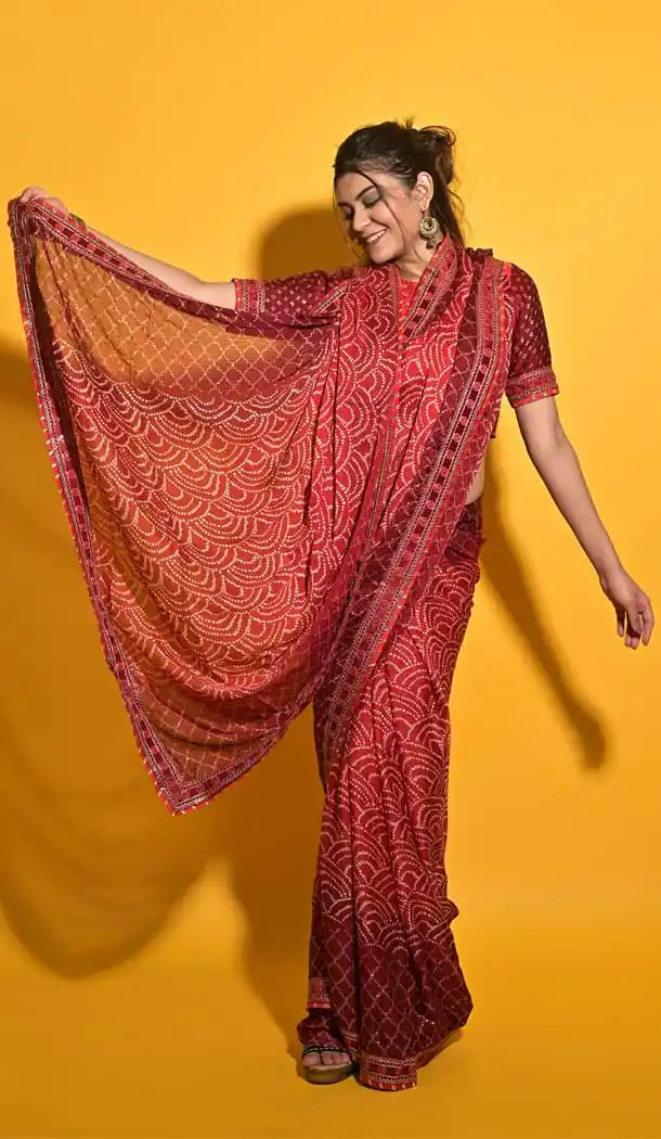 Gleaming Maroon Color Moss Chiffon Casual Wear Bandhani Saree -3936150577