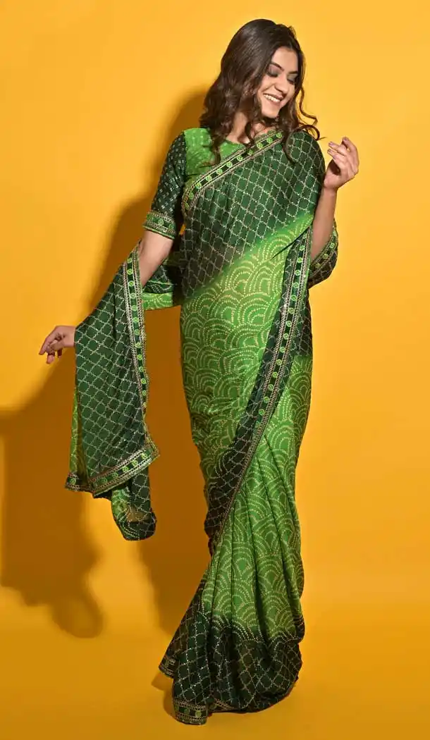 Green Color Moss Chiffon Casual Wear Bandhani Saree -3936150578