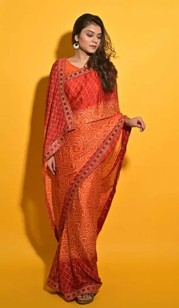Unique Orange Color Moss Chiffon Casual Wear Bandhani Saree -3936150579