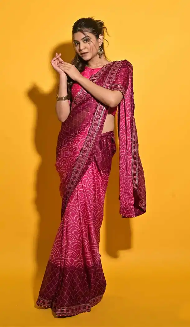 Rani Pink Color Moss Chiffon Casual Wear Bandhani Saree -3936150580