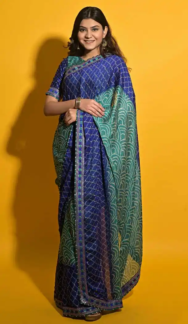 Elegance Blue Color Moss Chiffon Casual Wear Bandhani Saree -3936150582