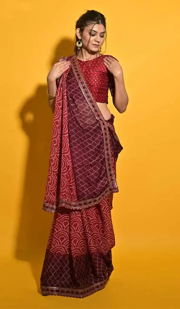 Wine Color Moss Chiffon Casual Wear Bandhani Saree -3936150583