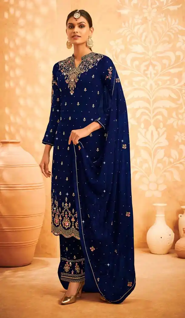 Navy Blue Color Georgette Desiger DIwali Festive Wear Salwar Kameez -3944150640