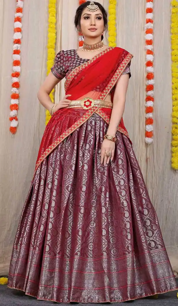 Classy Rust Color Pure Silk Traditional Wear Diwali Special Lehenga Choli -3999151002