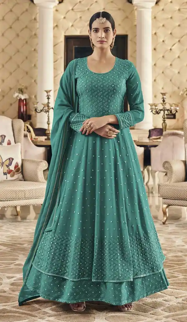 Teal Blue Color Fox Georgette Designer Anarkali Style Lehenga Suit -4152152178