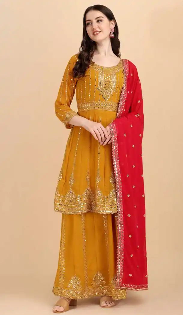 Majesty Mustard Color Heavy Fox Georgette Embroidery Palazzo Salwar Suit-4159152208