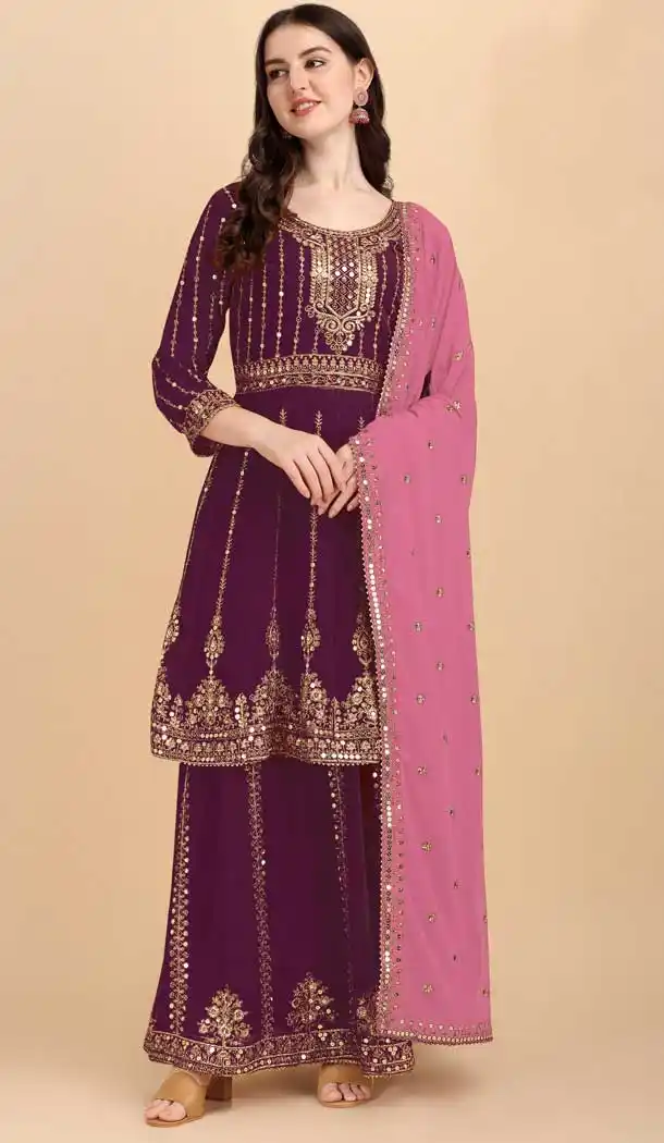 Flamboyant Wine Color Heavy Fox Georgette Embroidery Palazzo Salwar Suit-4159152209