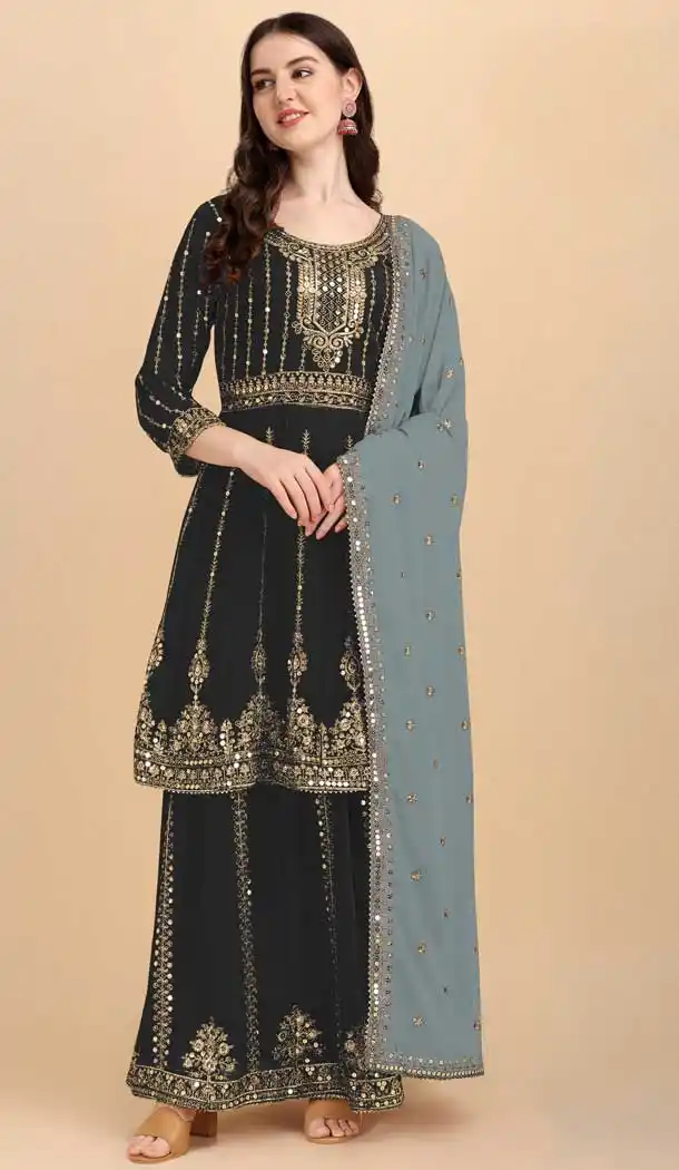 Black Color Heavy Fox Georgette Embroidery Palazzo Salwar Suit-4159152212