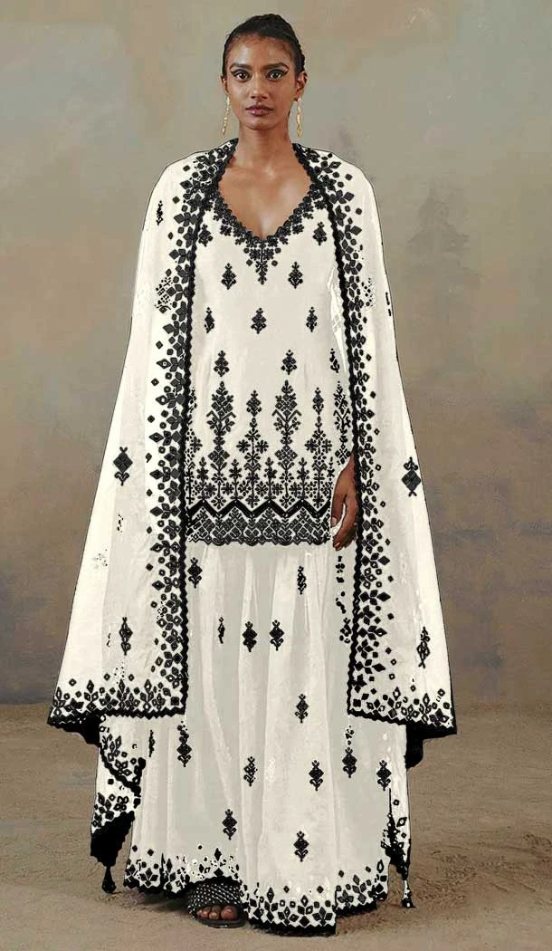 White Color Heavy Fox Georgette Embroidery Plus Size Women Palazzo Suit-4160152215