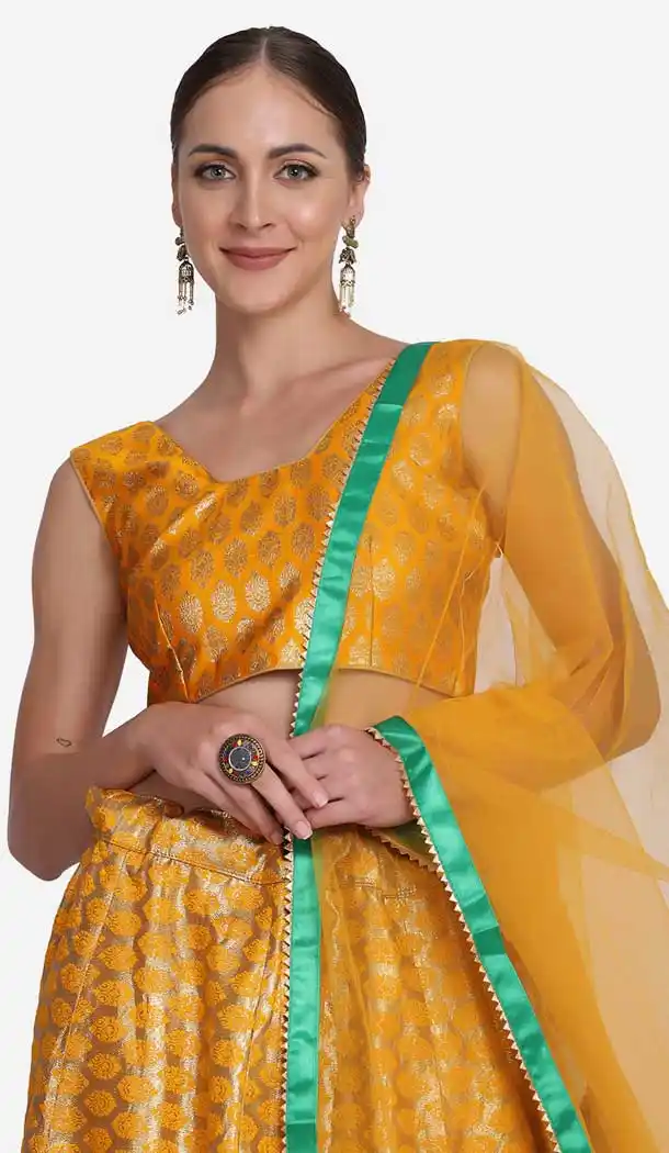 Jacquard Zari Woven Work Party Wear Women Lehenga in Yellow -4380154089