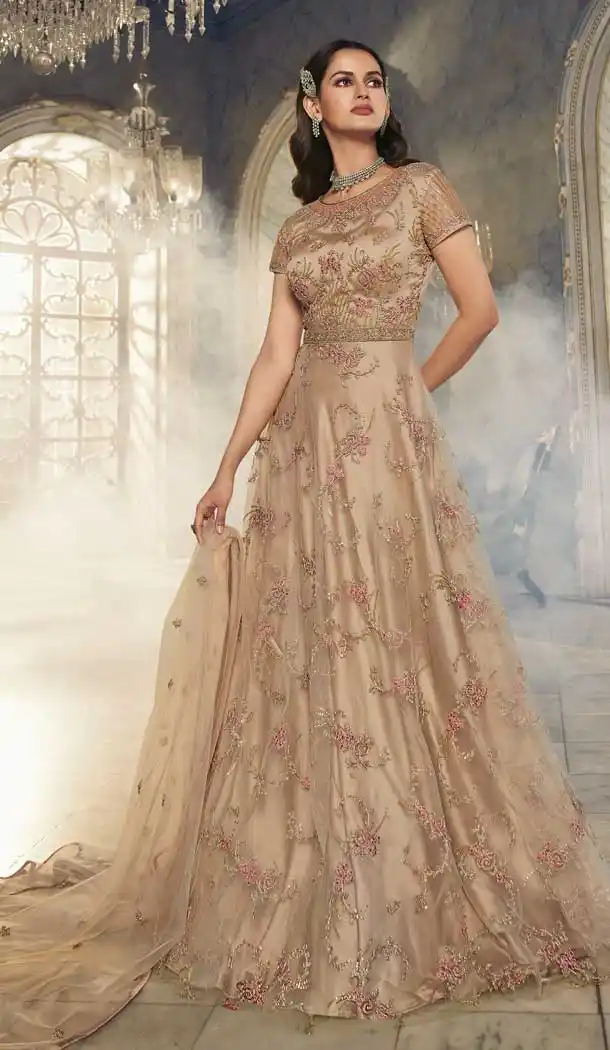 Cream Color Butterfly Net Embroidery Work Pakistani Anarkali Salwar Kameez -4402154247