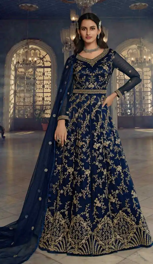 Navy Blue Color Butterfly Net Embroidery Work Pakistani Anarkali Salwar Kameez -4402154252