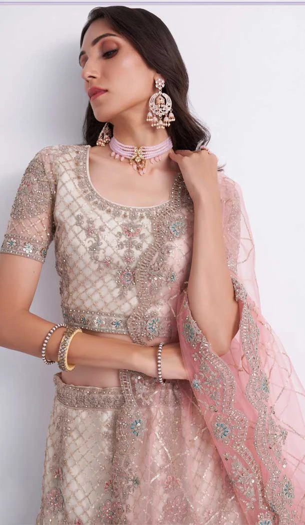Off White Color Net Sequence Embroidery  Work Bridal Wedding Lehenga Choli -4403154255
