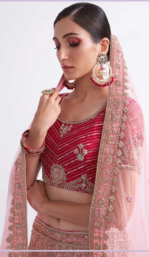 Pink Color Net Sequence Embroidery Work Bridal Wedding Lehenga Choli -4403154257