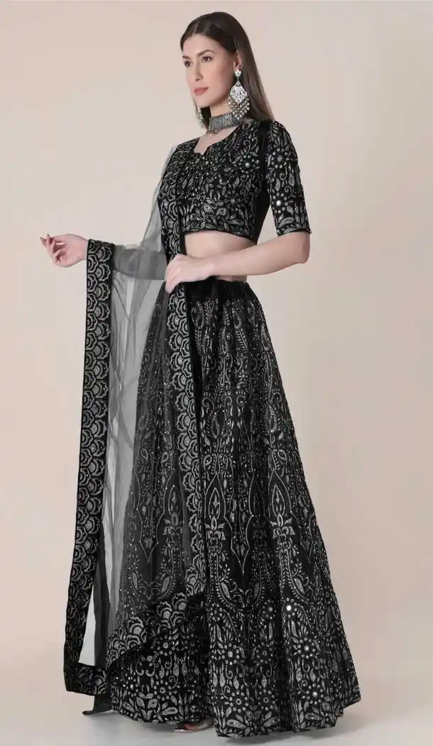 Black Color Taffeta Silk Embroidery Work Party Wear Lehenga Choli -4407154281