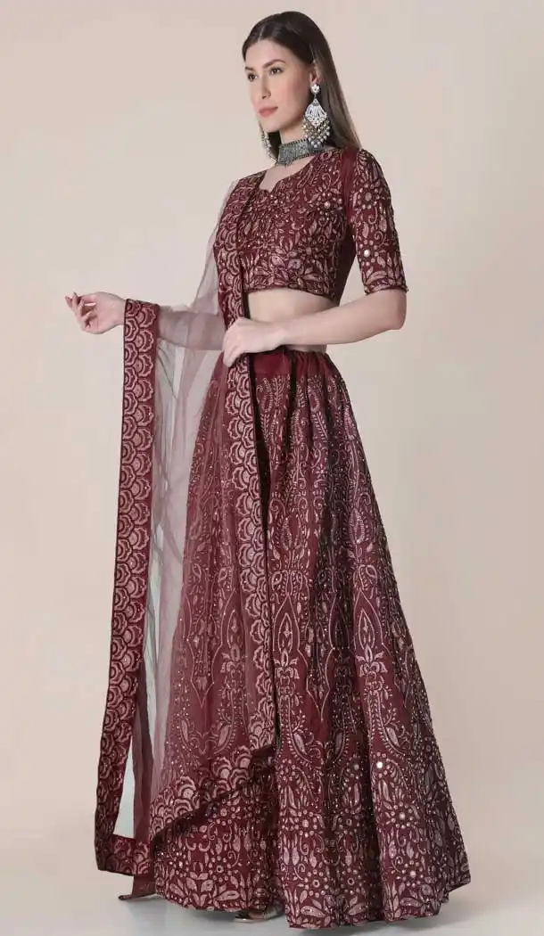 Exotic Maroon Color Taffeta Silk Embroidery Work Party Wear Lehenga Choli -4407154284
