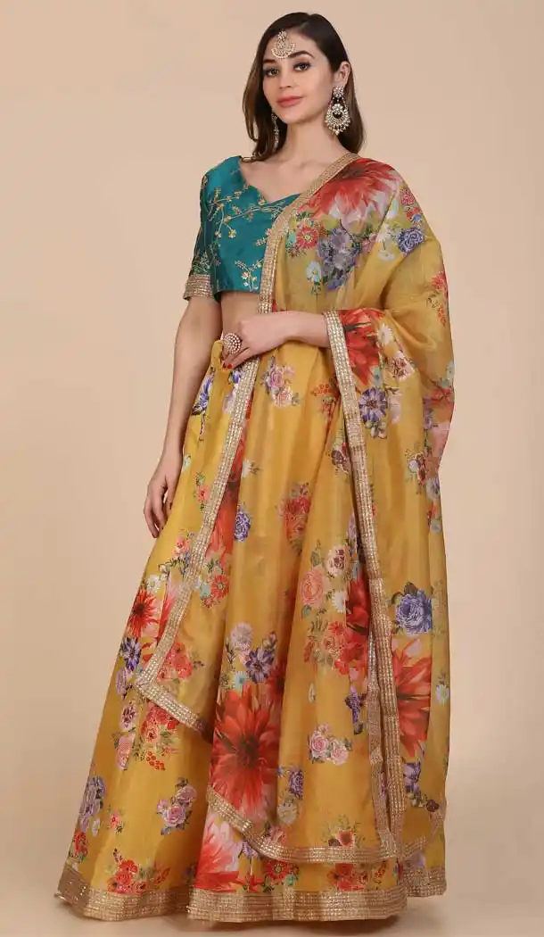 Banglory silk Floral Print Work Party Wear Lehenga Choli in Mustard Yellow -4408154286