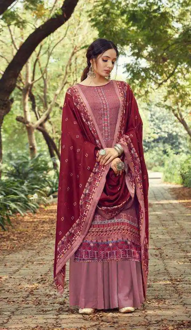 Pashmina Digital Print With Embroidery Work Casual Wear Palazzo Suit in Rust -4411154309