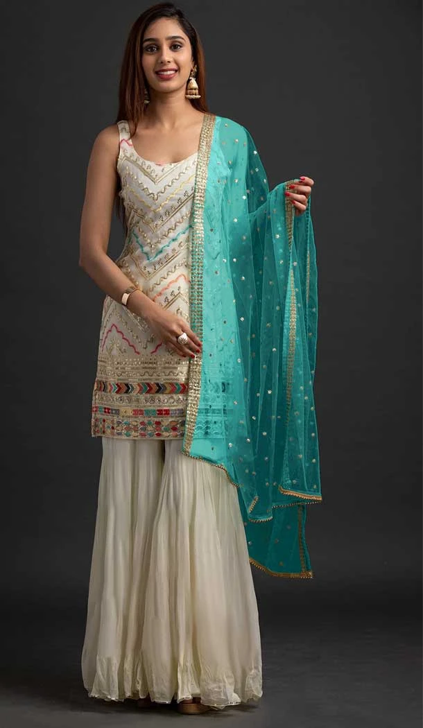 White Color Georgette Embroidery Work Party Women Sharara Suit -4425154453