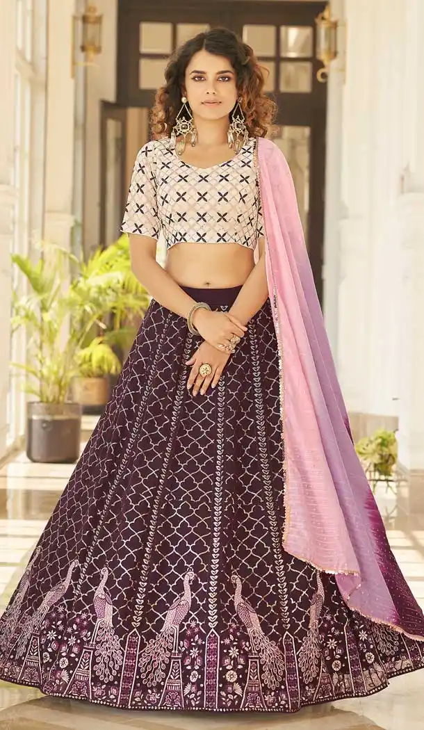 Thread Embroidery Work Georgette Women Lehenga Choli in Wine -4422154430