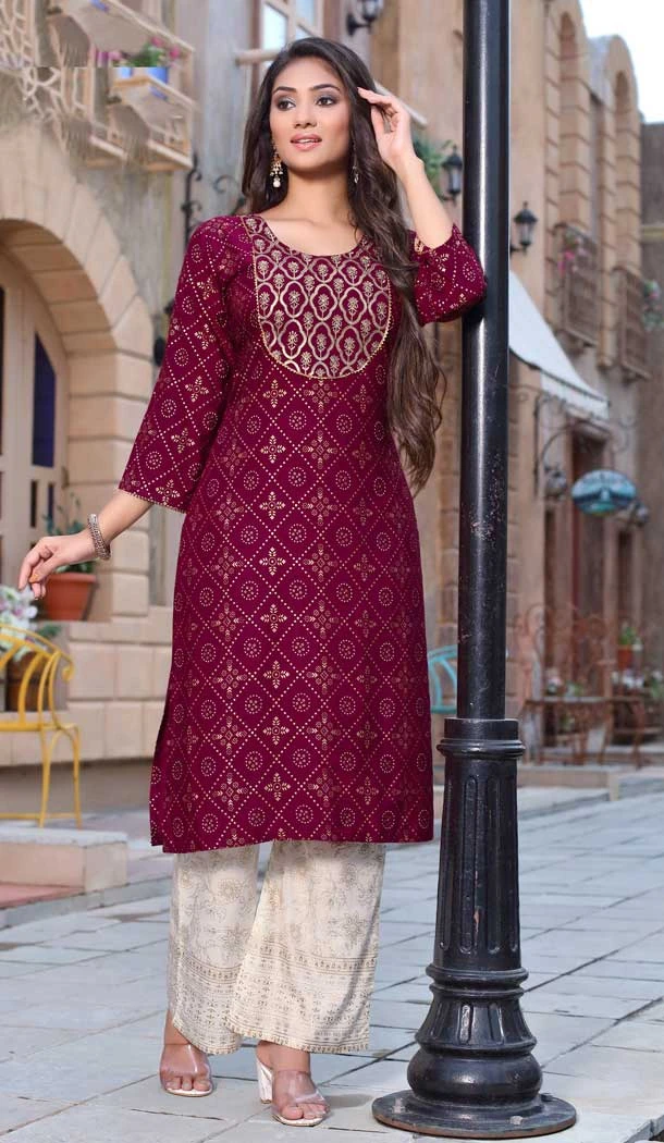 Rani Pink Color Rayon Slub Foil Printed Readymade Party Wear Kurti -4428154489