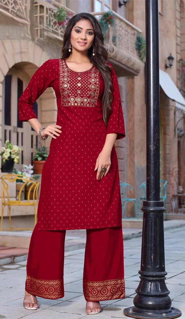 Red Color Rayon Slub Foil Printed Readymade Party Wear Kurti -4428154490