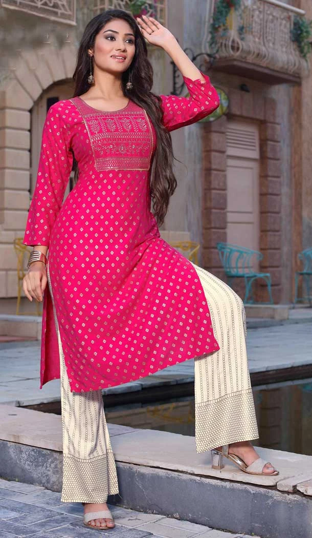 Pink Color Rayon Slub Foil Printed Readymade Party Wear Kurti -4428154491