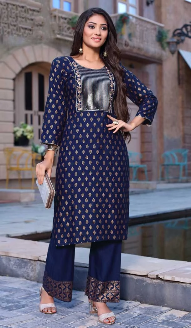 Ravishing Blue Color Rayon Slub Foil Printed Readymade Party Wear Kurti -4428154492