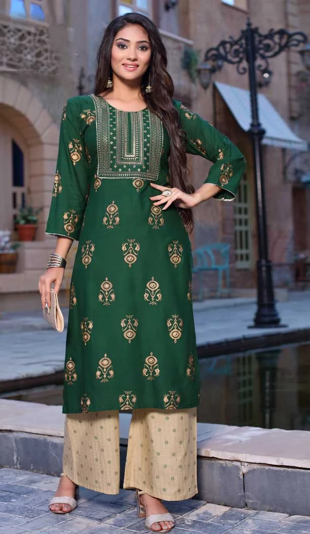 Green Color Rayon Slub Foil Printed Readymade Party Wear Kurti -4428154493