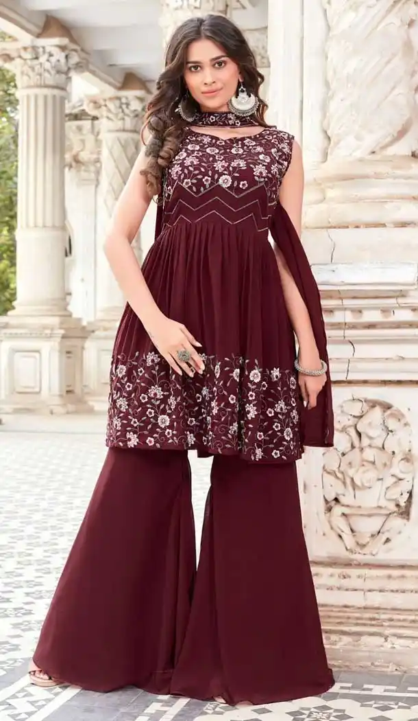 Maroon Color Premium Georgette Embroidery Work Party Sharara Suit -4429154494