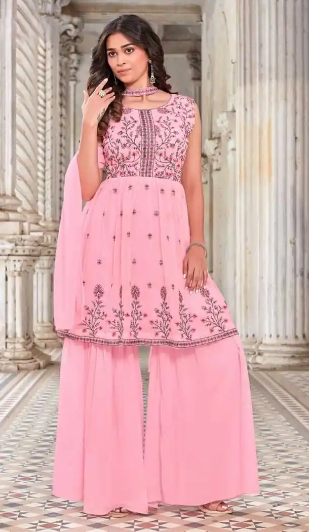 Pink Color Premium Georgette Embroidery Work Party Sharara Suit -4429154496