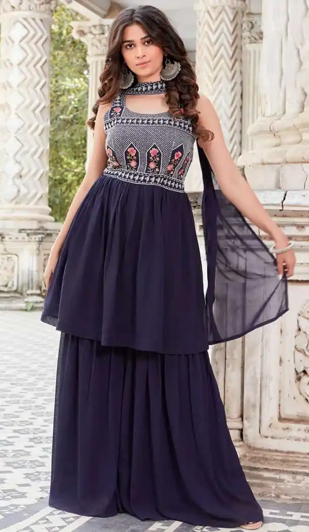 Navy Blue Color Premium Georgette Embroidery Work Party Sharara Suit -4429154497