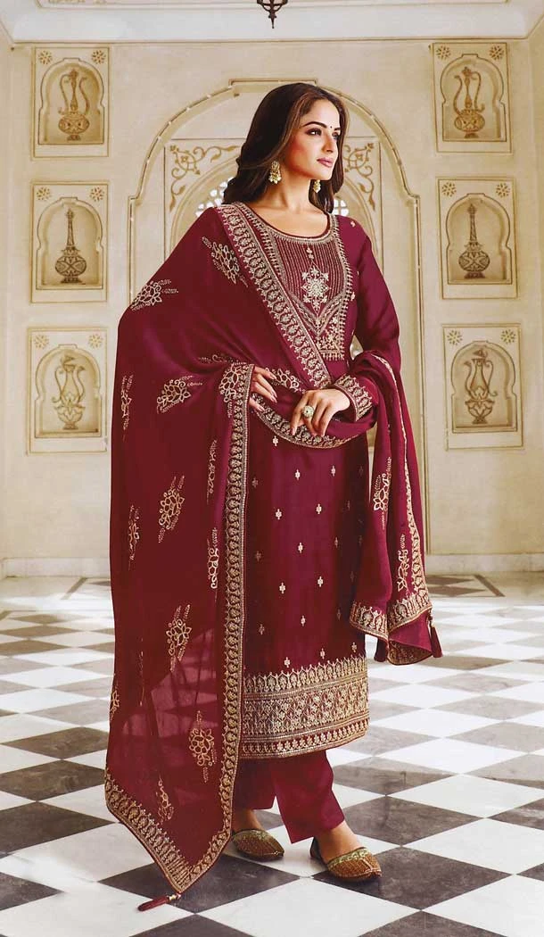 Maroon Color Dola Silk Designer Party Wear Salwar Suit - 4438154543