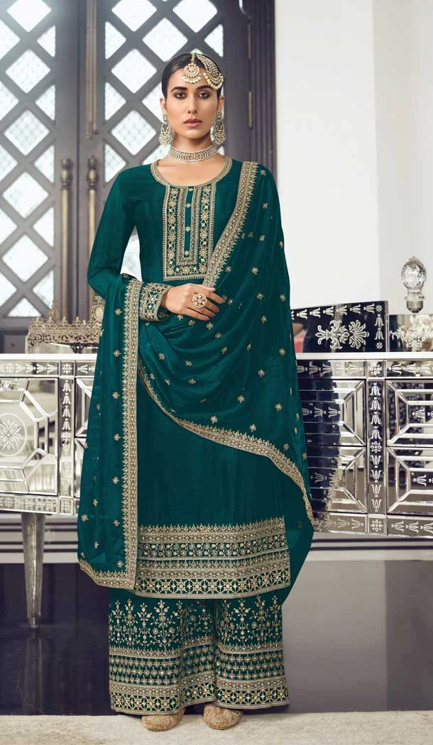 Sea Green Color Dola Silk Pakistani Palazzo Salwar Suit - 4447154595
