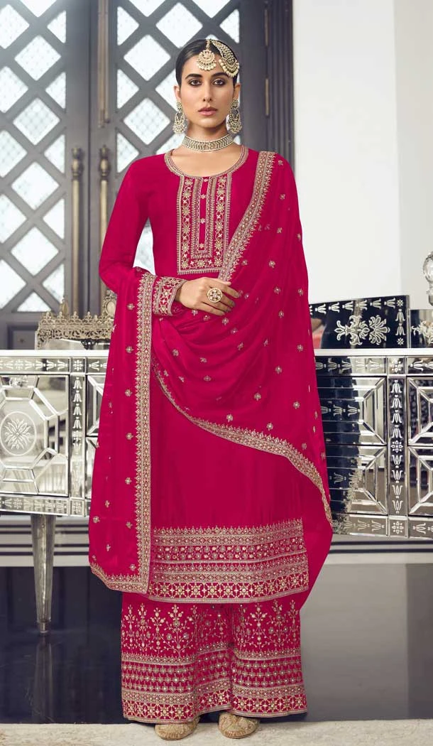 Pink Color Dola Silk Pakistani Palazzo Salwar Suit - 4447154596