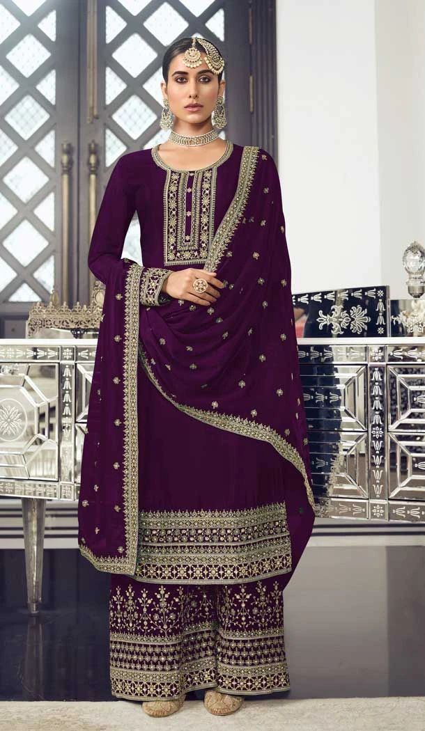 Purple Color Dola Silk Pakistani Palazzo Salwar Suit - 4447154597