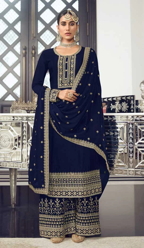 Navy Blue Color Dola Silk Pakistani Palazzo Salwar Suit - 4447154598