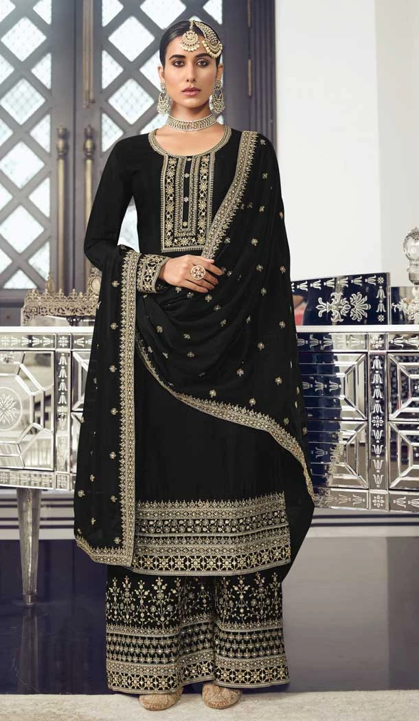 Black Color Dola Silk Pakistani Palazzo Salwar Suit - 4447154599