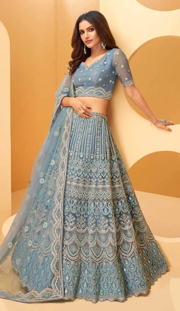 Grey Color Net Heavy Embroidery Work Bridal Women Lehenga Choli -4430154498