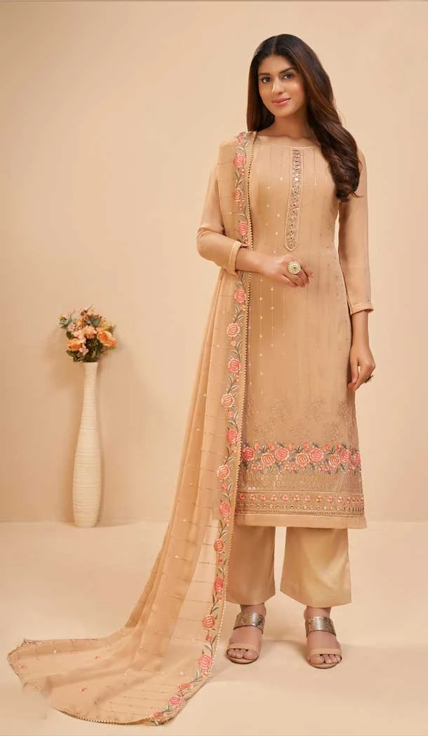 Georgette Embroidery Work Designer Women Salwar Suit in Chiku Color -4434154521