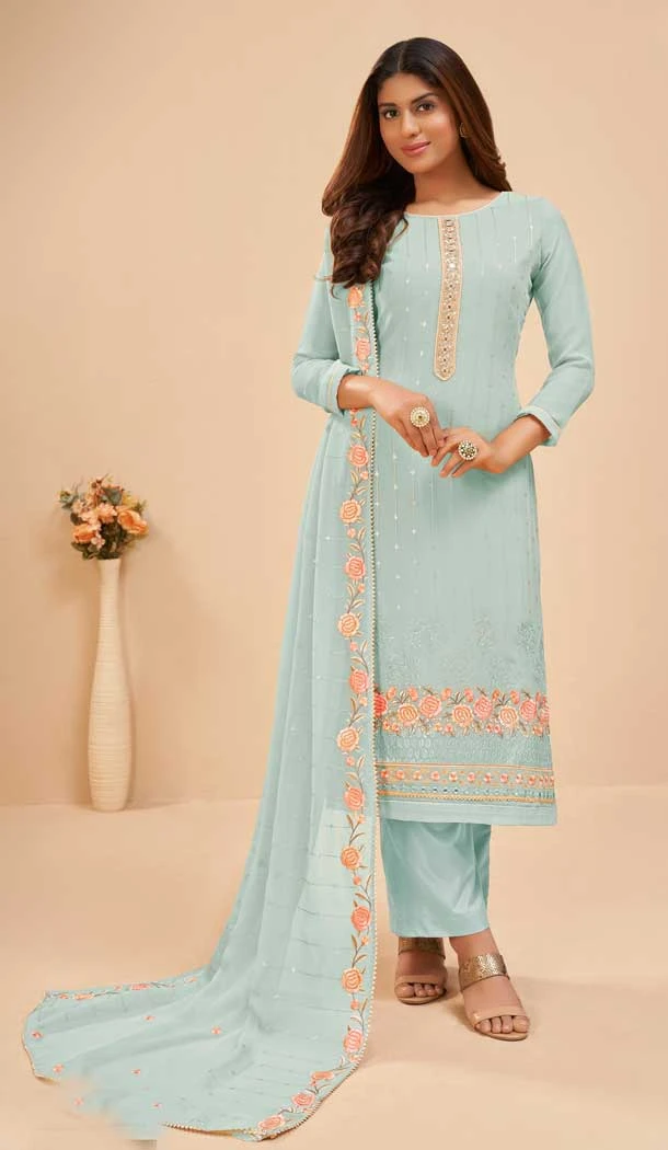 Georgette Embroidery Work Designer Women Salwar Suit in Light Blue Color -4434154522