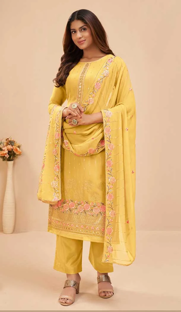 Georgette Embroidery Work Designer Women Salwar Suit in Yellow Color -4434154523