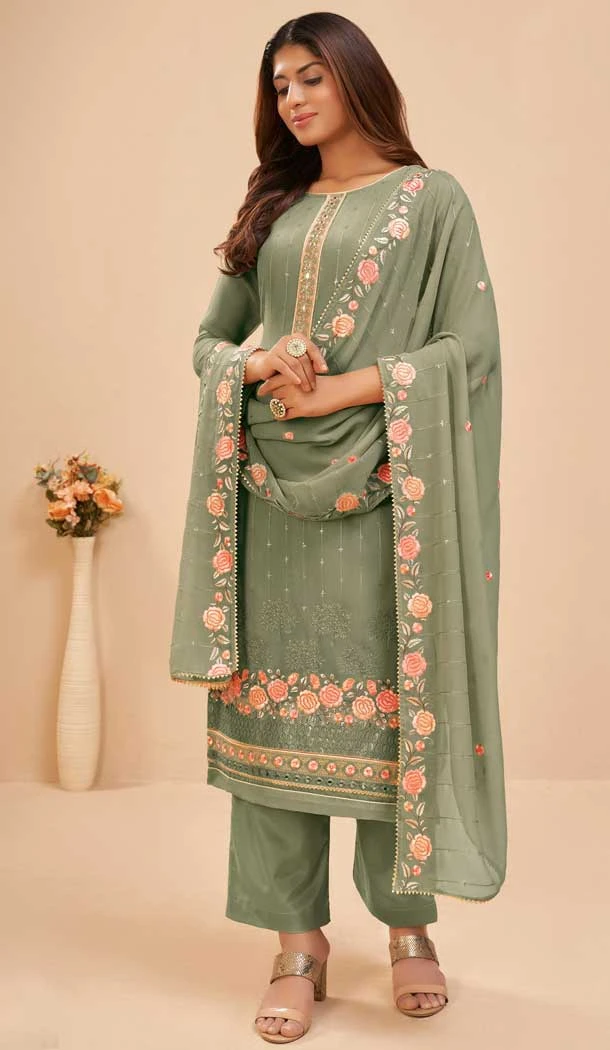 Georgette Embroidery Work Designer Women Salwar Suit in Dusty Green Color -4434154524