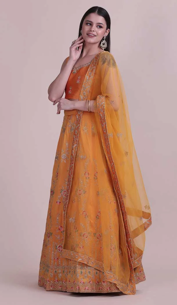 Orange Color Taffetta Silk Fancy Evening Wear Lehenga Choli - 4449154608