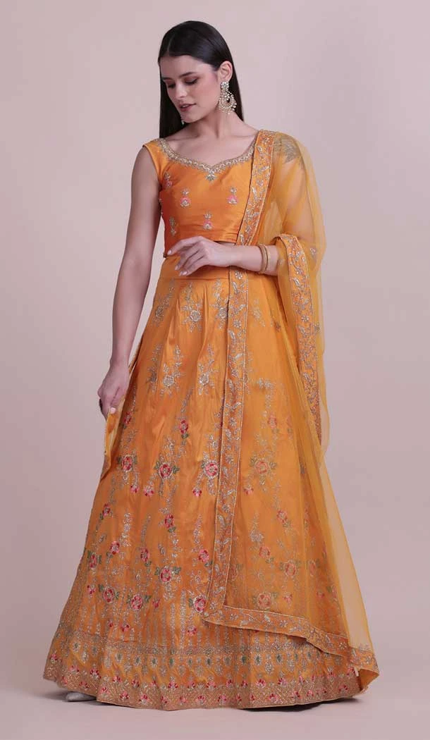 Orange Color Taffetta Silk Fancy Evening Wear Lehenga Choli - 4449154608