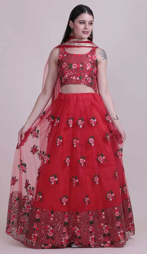 Red Color Net Fancy Evening Wear Lehenga Choli - 4449154609