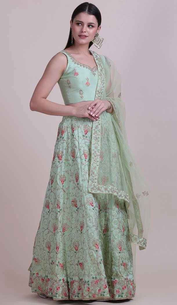 Pista Green Color Taffeta Silk Fancy Evening Wear Lehenga Choli - 4449154610